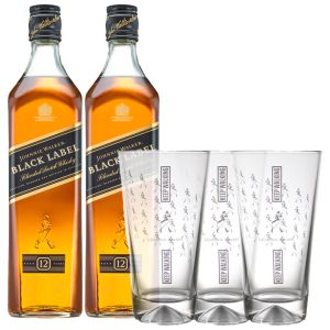 Johnnie Walker Black Label 1L Twin Pack with 3 Free Glasses
